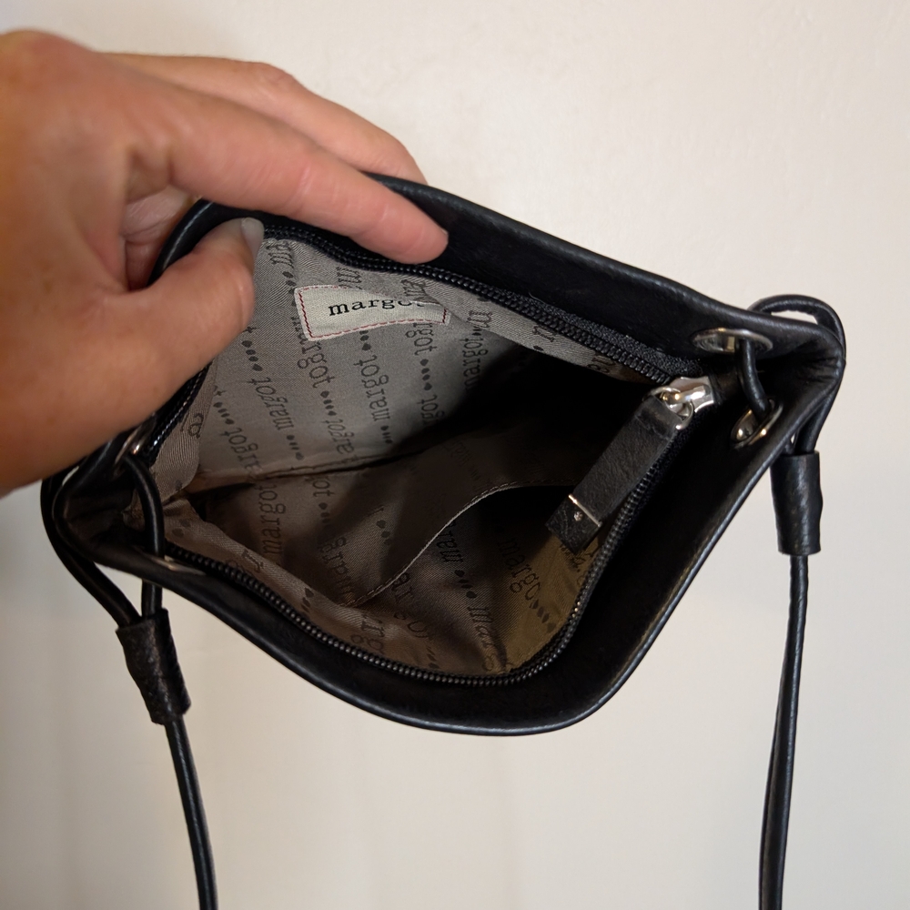 Margot New York Black Leather Crossbody Bag Small Minimalist Purse Long Strap - Picture 4 of 9
